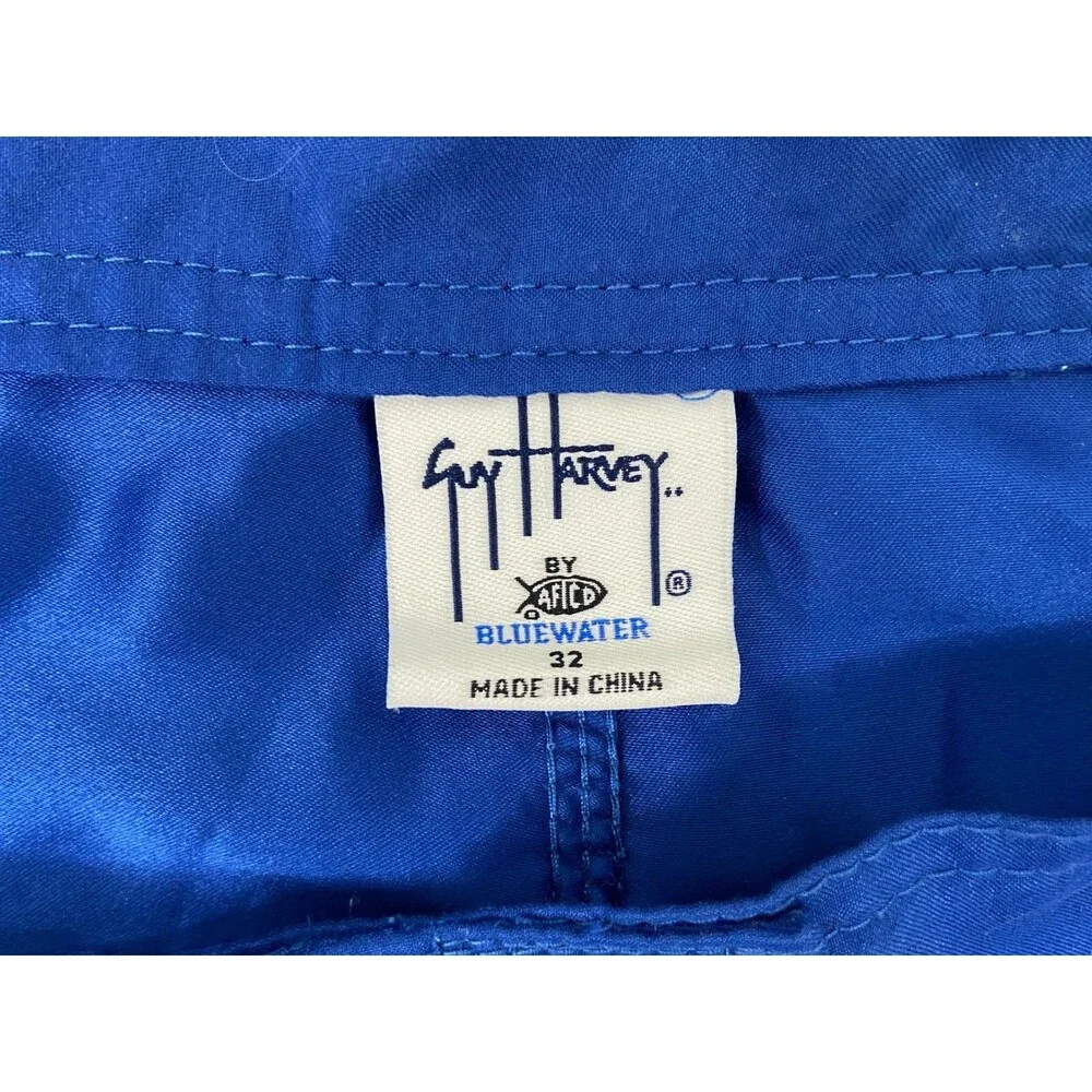 Guy Harvey Men 32 Blue Boardshorts Orange Marlin Embroidered Logo Beach Surf